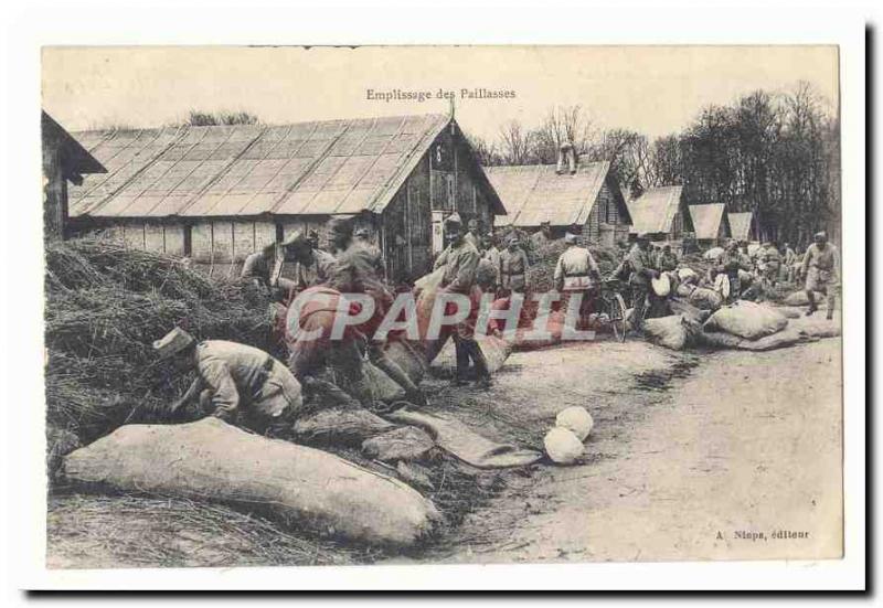 Old Postcard Militaria filling straw mattresses Mailly camp