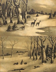 Forest animals scenic unit of 2 vintage postcards deer & rabbits c.1916 