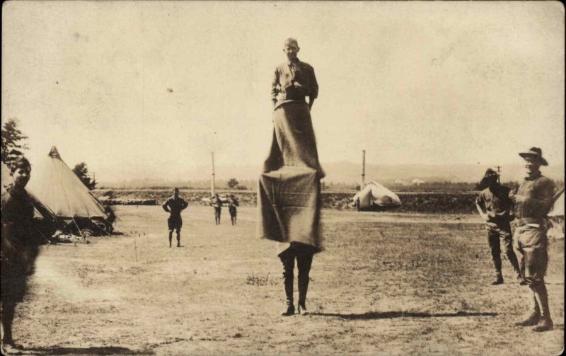 WWI US Soldiers Prank Super Tall Standing on Shoulders Ft. Wayne Written on Back