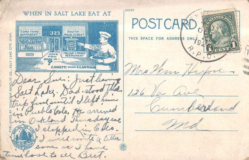 Salt Lake City Utah Rotisserie Inn Restaurant Antique Postcard K70770