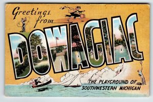 Greetings From Dowagiac Michigan Large Big Letter Postcard Linen Unused Kropp