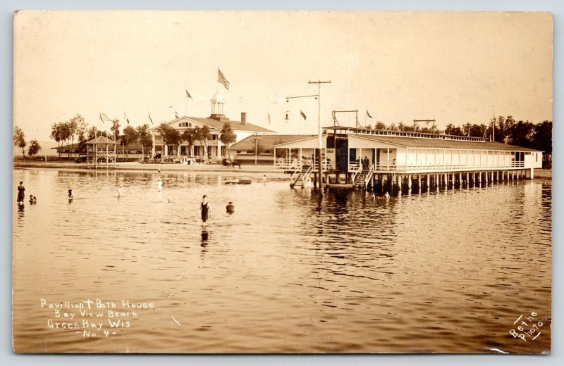 Green Bay Wisconsin~Bay View Beach Pavilion & Bath House~Waterfront~c1915 RPPC