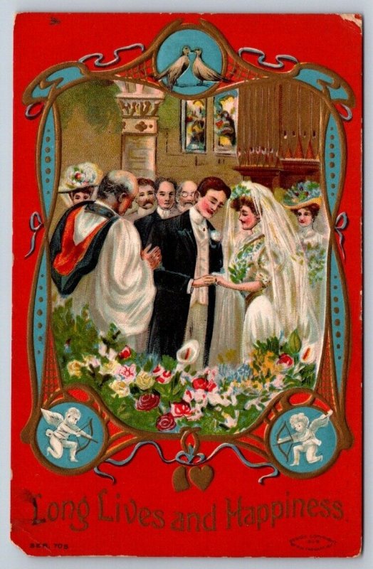 Long Lives And Happiness Antique MW Taggart Embossed Wedding Postcard