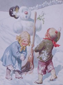 Snowman Children A/S Karl Feiertag Antique Vintage New Year Postcard German