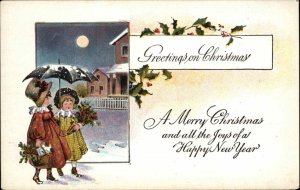 Christmas Children Walking Umbrella c1900s-10s Postcard