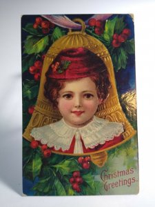 Victorian Christmas Postcard Girl Bell Ornament Series 1480 Germany 1909 Antique