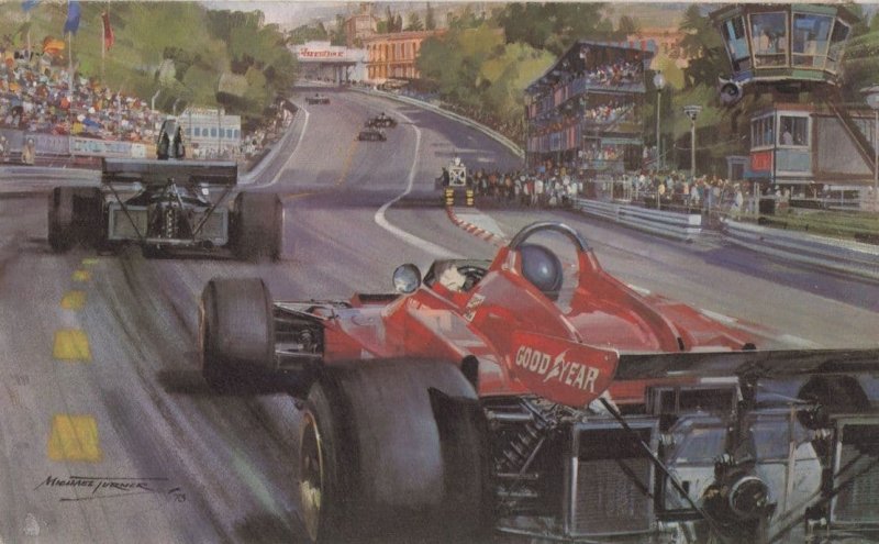 1973 Spanish Grand Prix F1 Jacky Ickx Ferrari Vintage Painting Card