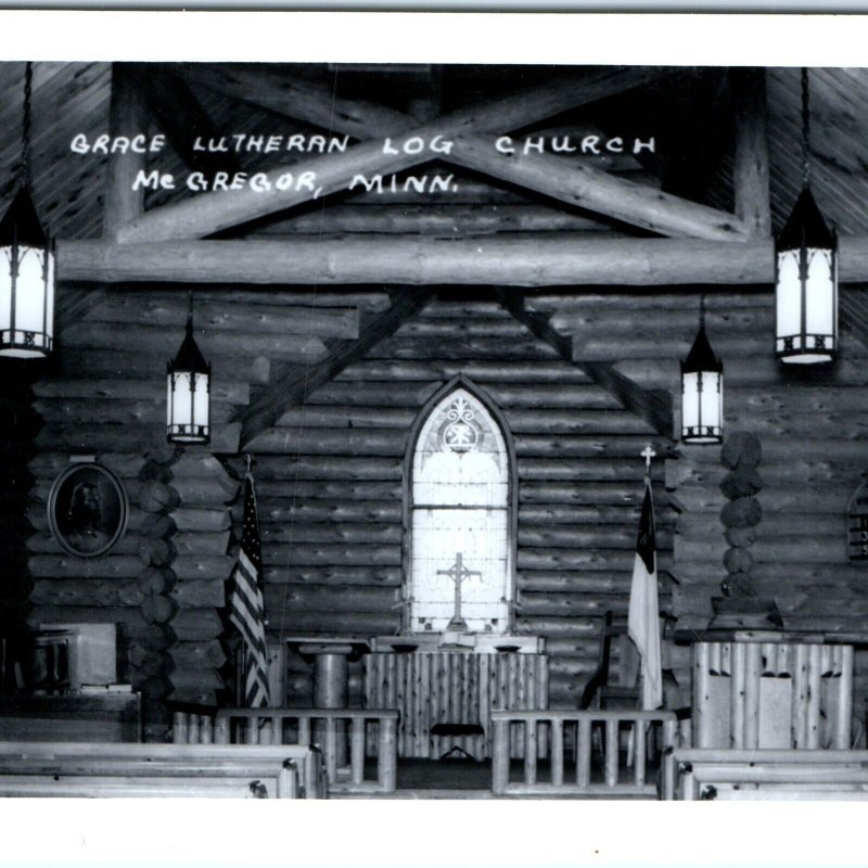 c1950s McGregor, Minn RPPC Grace Lutheran Log Church Real Photo PC Vtg A112