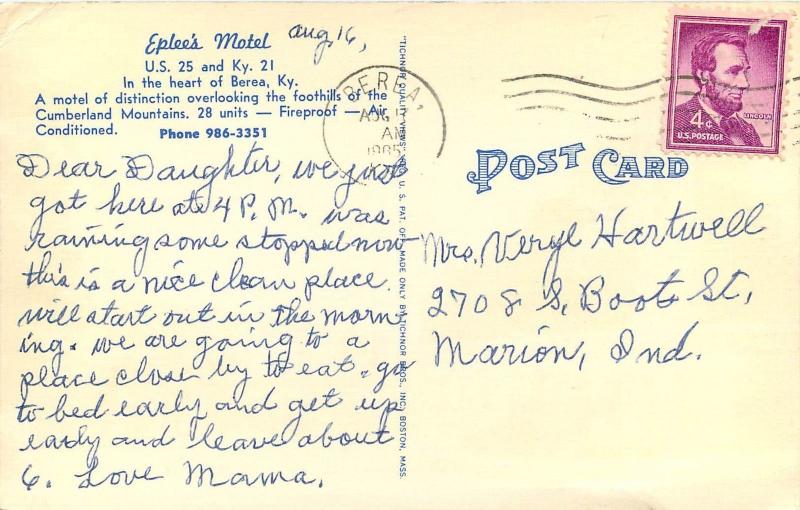 Good Linen Roadside Postcard; Eplee's Motel, Hwy US 25 & KY 21, Berea, Kentucky