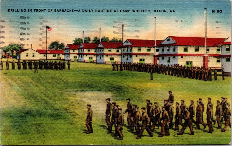 Vtg 1940s Drilling in front of Barracks Camp Wheeler Georgia GA WW2 Era Postcard