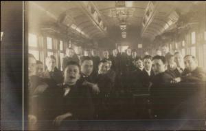 Young Men RR Train Car Interior Unidentified Real Photo Postcard c1905