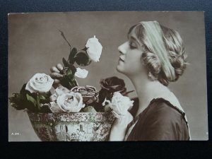 Greeting ROMANCE & ROSES in a Chinese Bowl c1924 RP Postcard by Rotary