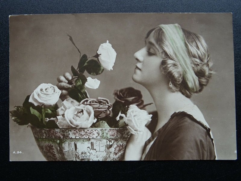 Greeting ROMANCE & ROSES in a Chinese Bowl c1924 RP Postcard by Rotary