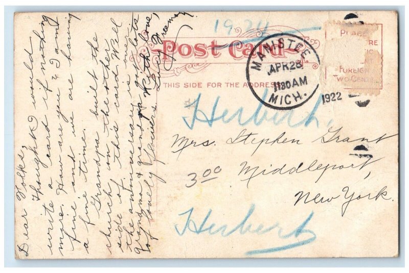 1922 Congregational Chruch Tower Clock Manistee Michigan MI Vintage Postcard 