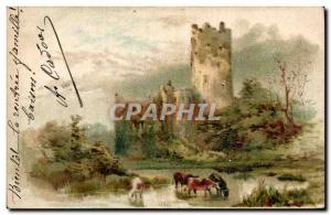 Animals - Castle and cows - Taurus - Cow - Old Postcard