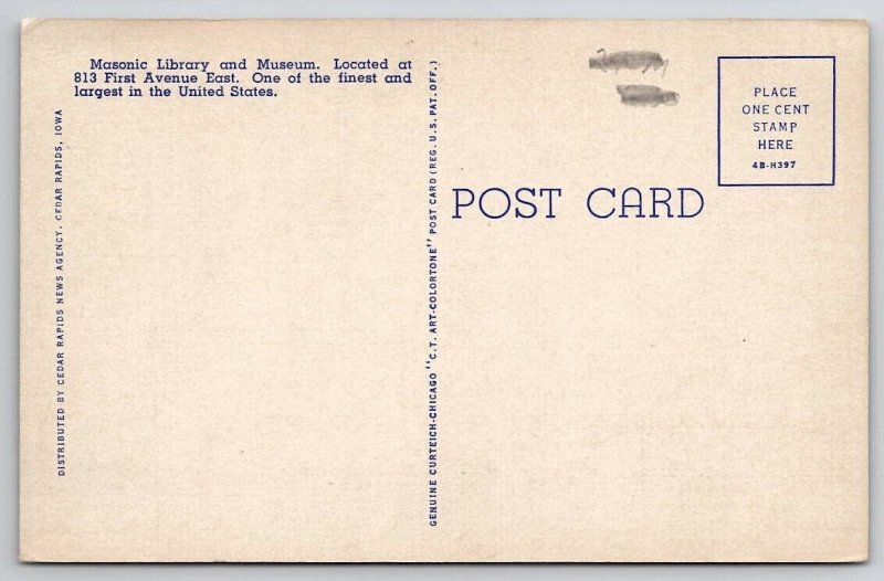Cedar Rapids Iowa Masonic Library and Museum Postcard D30