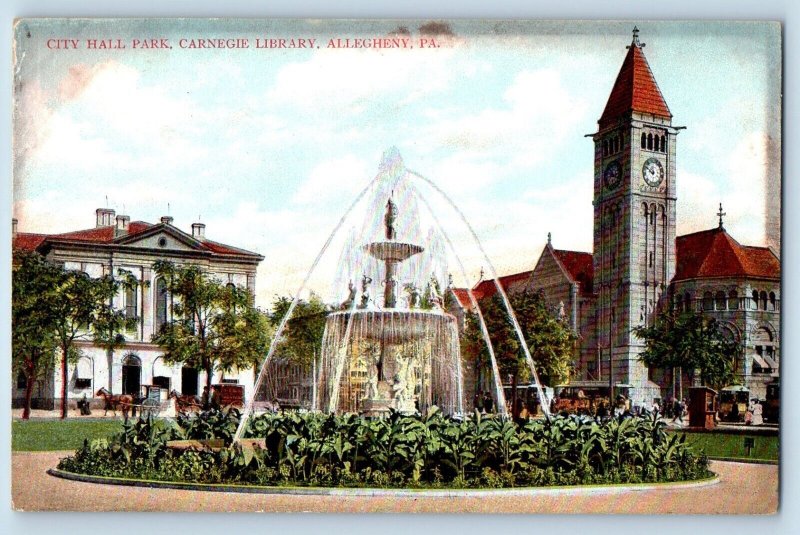 Allegheny Pennsylvania PA Postcard City Hall Park Carnegie Library c1910 Vintage