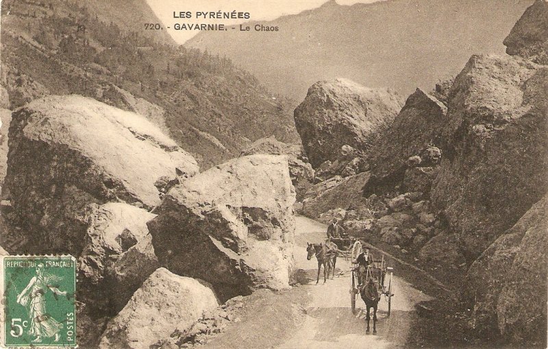 Horse carts crossing the mountains. Les Pyrenees Old vintage French Postcard