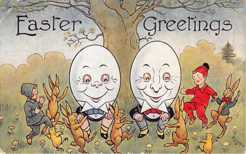 Lot221 greetings easter children and rabbit dancing big egg human attitude uk