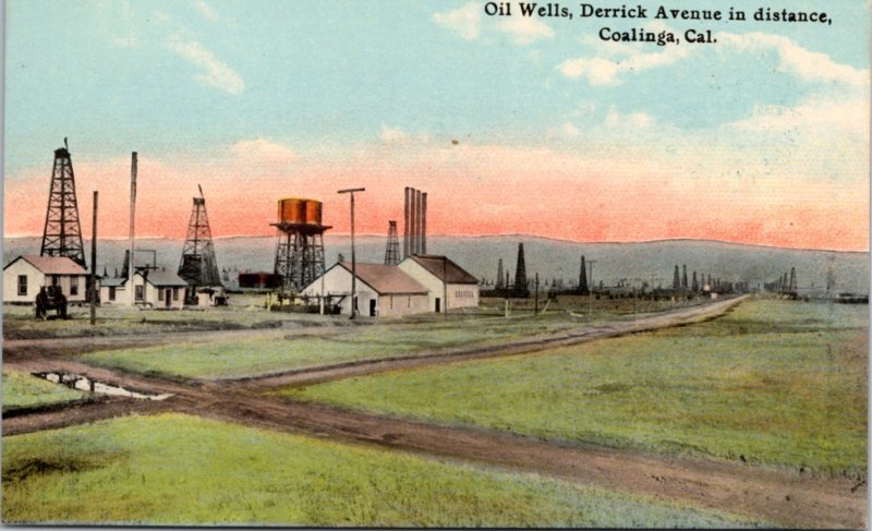 Oil Wells, Derrick Avenue in distance, Coalinga, Cal.