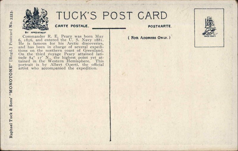 TUCK Postcard SIGNED Albert Operti Commander Robert E Peary w Eskimo Husky Dog