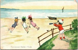 VINTAGE POSTCARD ROMANTIC HUMOR VIEW FROM THE TERRACES MAILED BELGIUM 1928