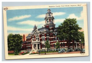 Vintage 1930's Postcard Saginaw County Courthouse Old Cars Saginaw Michigan