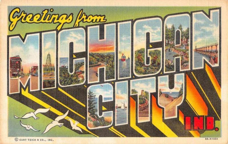 Michigan City Indiana Greetings Large Letter Linen Vintage Postcard JB627181