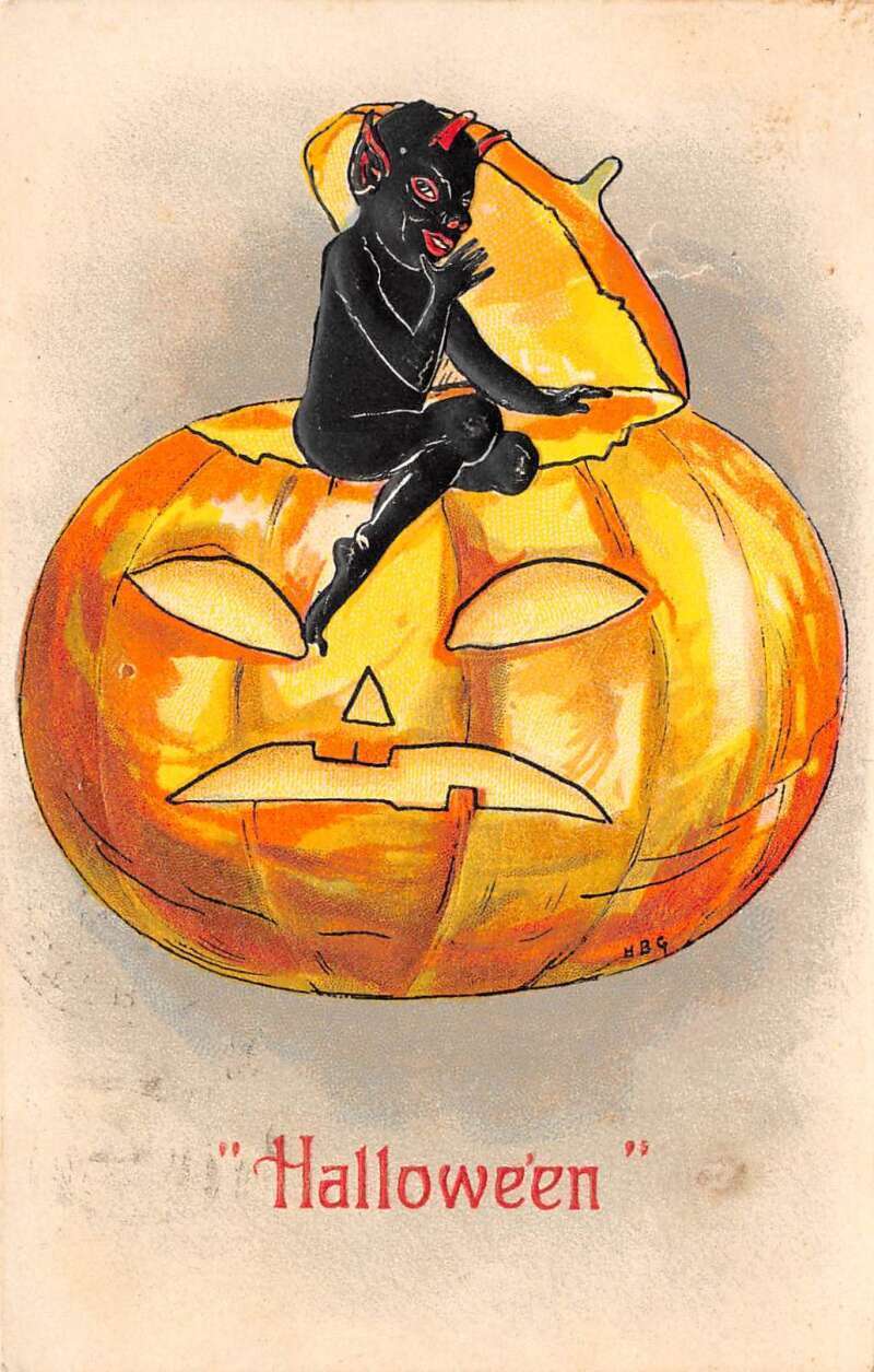 Hallowe'en Creature Inside Big JackOLantern, Artist Signed H.B