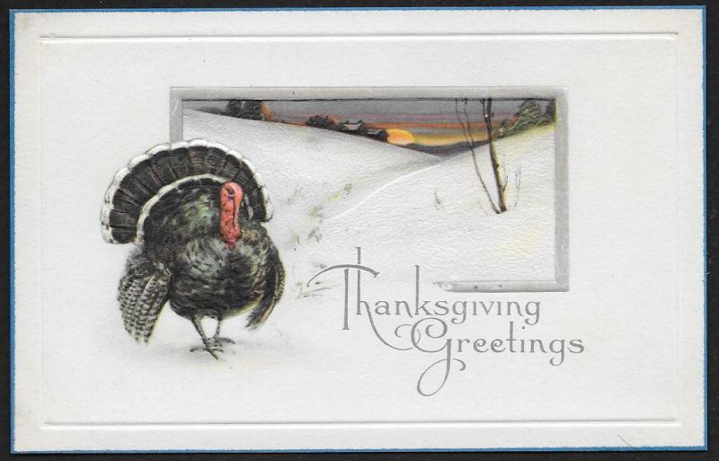 Thanksgiving Greetings Turkey & Winter Scene Unused c1910s