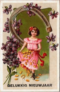 Happy New Year People Girl With Coins Vintage Postcard C084