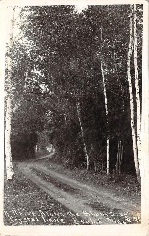 Beulah Michigan~Dirt Road along Crystal Lake~Benzie County~1937 RPPC-Postcard