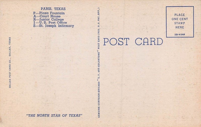 PARIS TEXAS~PLAZA-COURT HOUSE-COLLEGE-POST OFFICE~1943 LARGE LETTER POSTCARD 