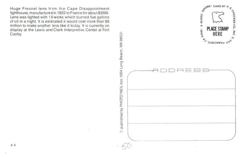 Cape Disappointment Lighthouse Lens Vintage Postcard KROME Card