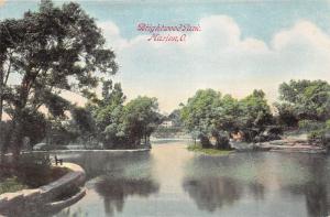 Marion Ohio~Brightwood Park View~Bench by Lake~House in Distance~c1910 Postcard