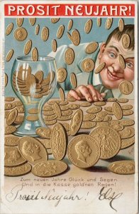 Prosit Neujahr Coins Boy Young Man Embossed New Year K. Wurtt Stamp Postcard E80