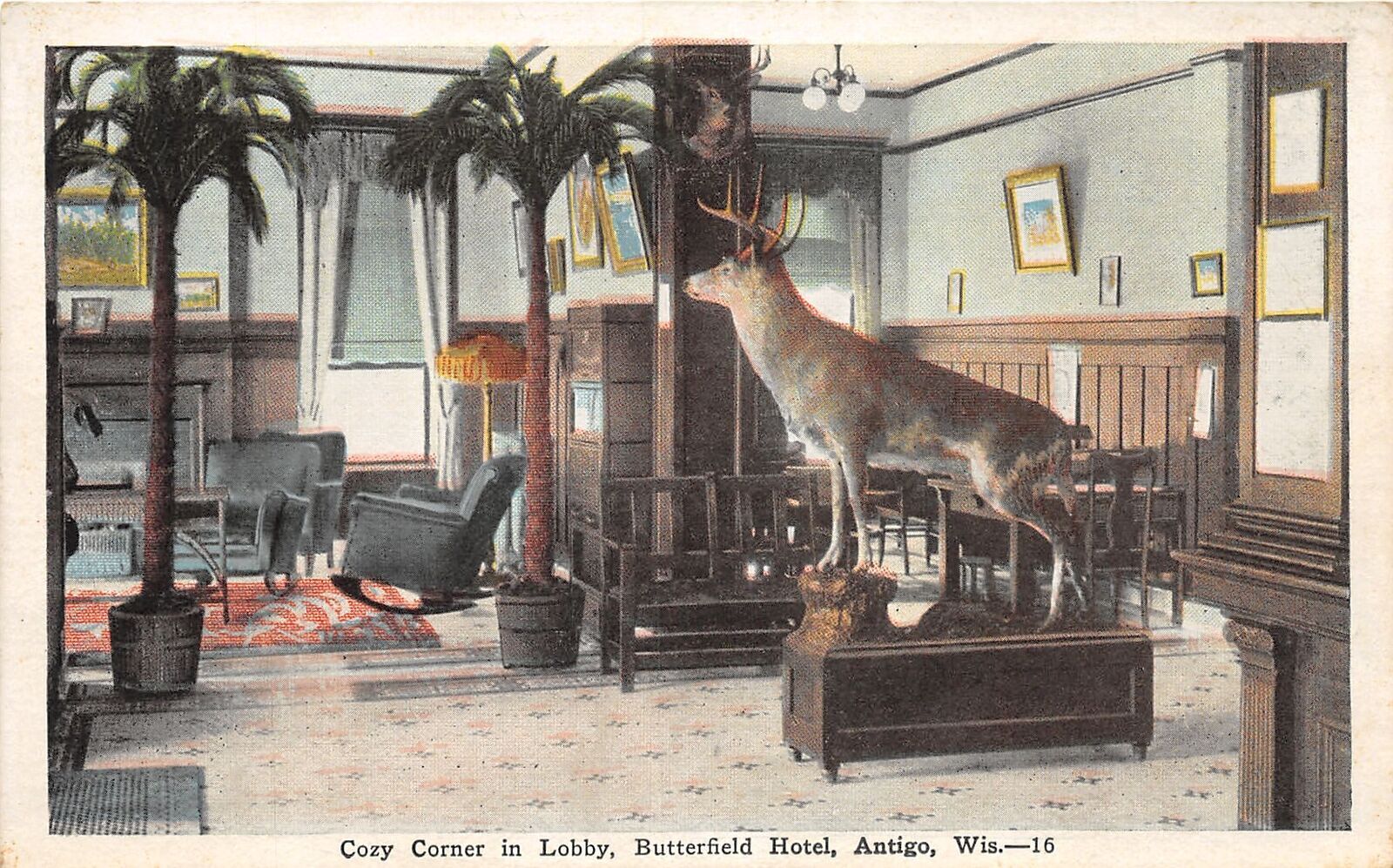 J29/ Antigo Wisconsin Postcard c1915 Interior Butterfield Hotel Deer