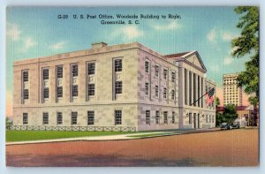 Greenville South Carolina Postcard US Post Office Woodside Building Right c1940