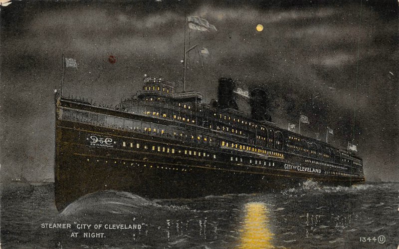 Steamer City of Cleveland At Night Moonlight 1910c postcard