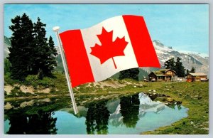 Canada Flag, Rocky Mountains, Vintage Chrome Postcard
