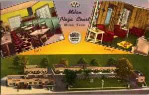 Multi View, Milan Plaza Court Motel Milan TN Cafe, Lobby Aerial Vtg Postcard F63