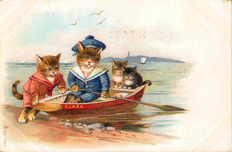 Cat Family in A Dory Beautiful Early 1902 Postcard