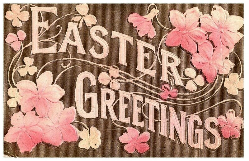 Easter Greetings Pink Flowers Embossed Postcard 1914