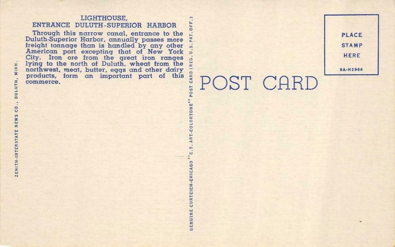 MN, Minnesota  LIGHTHOUSE Duluth-Superior Harbor  LIGHT HOUSE  c1940's Postcard