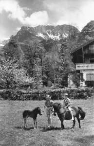 Vintage Black & White Postcard Children with Ponies in Bavarian Alps