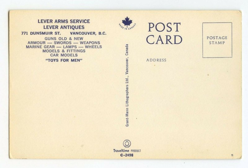 Postcard Lever Arms Service Lever Antiques Vancouver B. C. Standard View Card