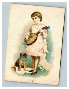 Vintage 1906 Victorian Die Cut Calling Card - Cute Girl with Lute - Writing