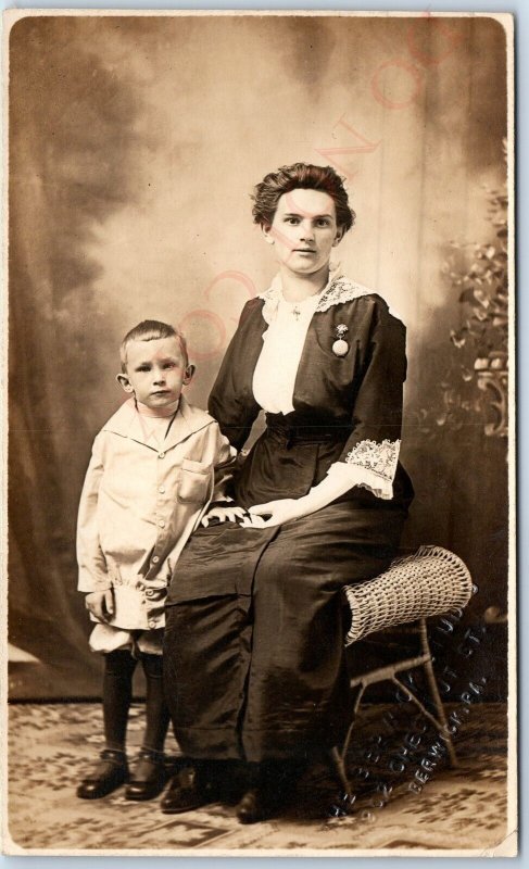 c1910s Berwick PA Cute Young Mother & Little Boy Real Photo PC Pocket Watch A123