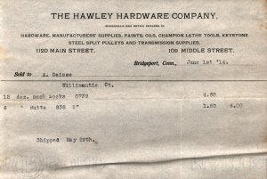 1914  Bridgeport  Connecticut  The Hawley Hardware Co.  Receipt  8 x 5