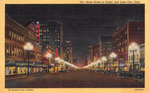 SALT LAKE CITY, UT Utah  MAIN STREET~Night   ZCMI~Walker Bank  c1940's Postcard